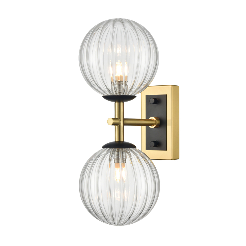 Photograph: Franklite Stellar Matt Black And Aged Brass 2 Light Bathroom Wall Sconce Complete With Clear Ribbed Globes - IP44