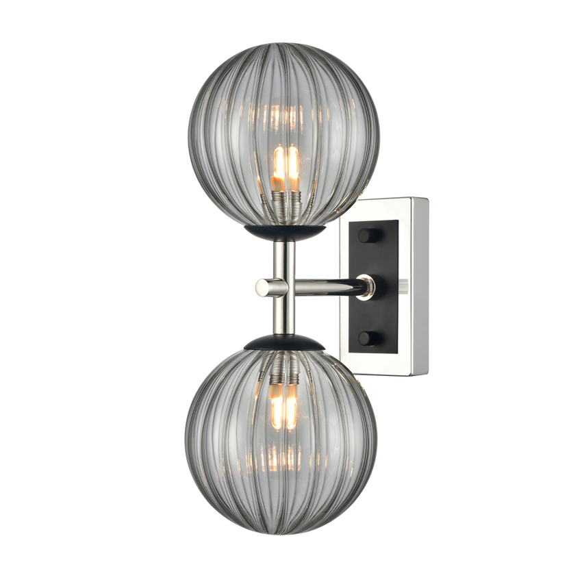 Photograph: Franklite Stellar Matt Black And Polished Nickel 2 Light Bathroom Wall Sconce Complete With Smoked Ribbed Globes - IP44