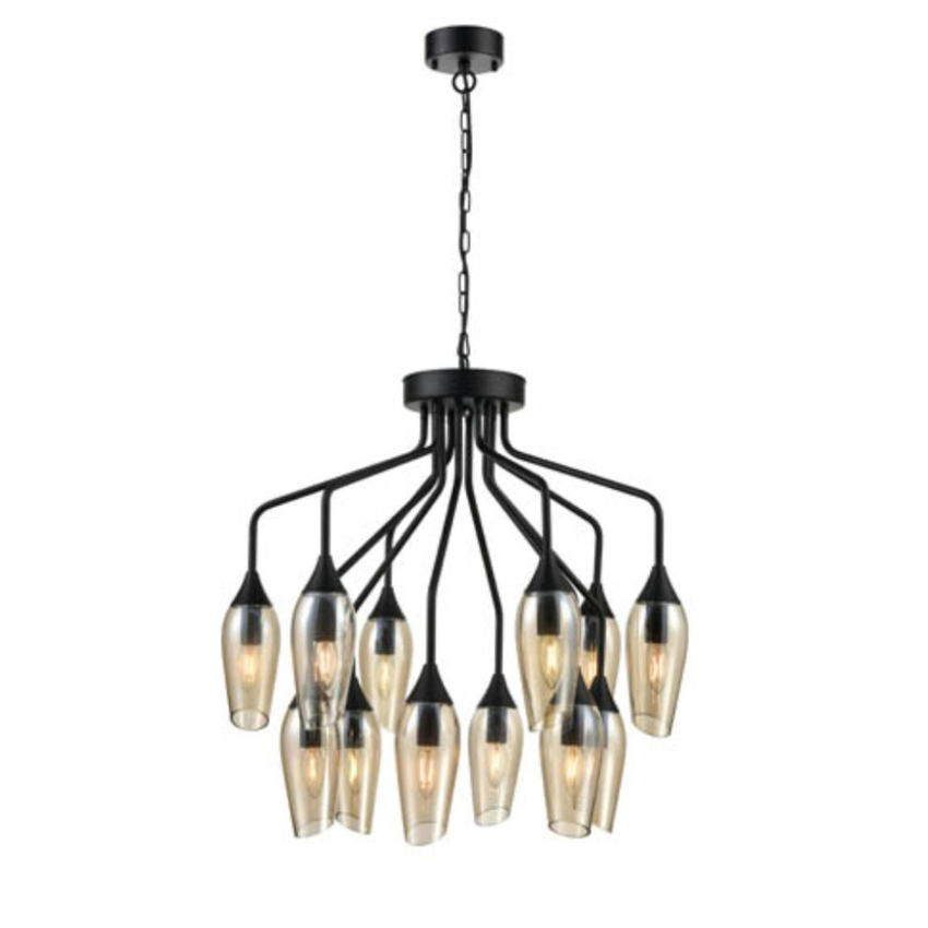 Photograph: Franklite Taper Matt Black 12 Light Pendant With Amber Glass