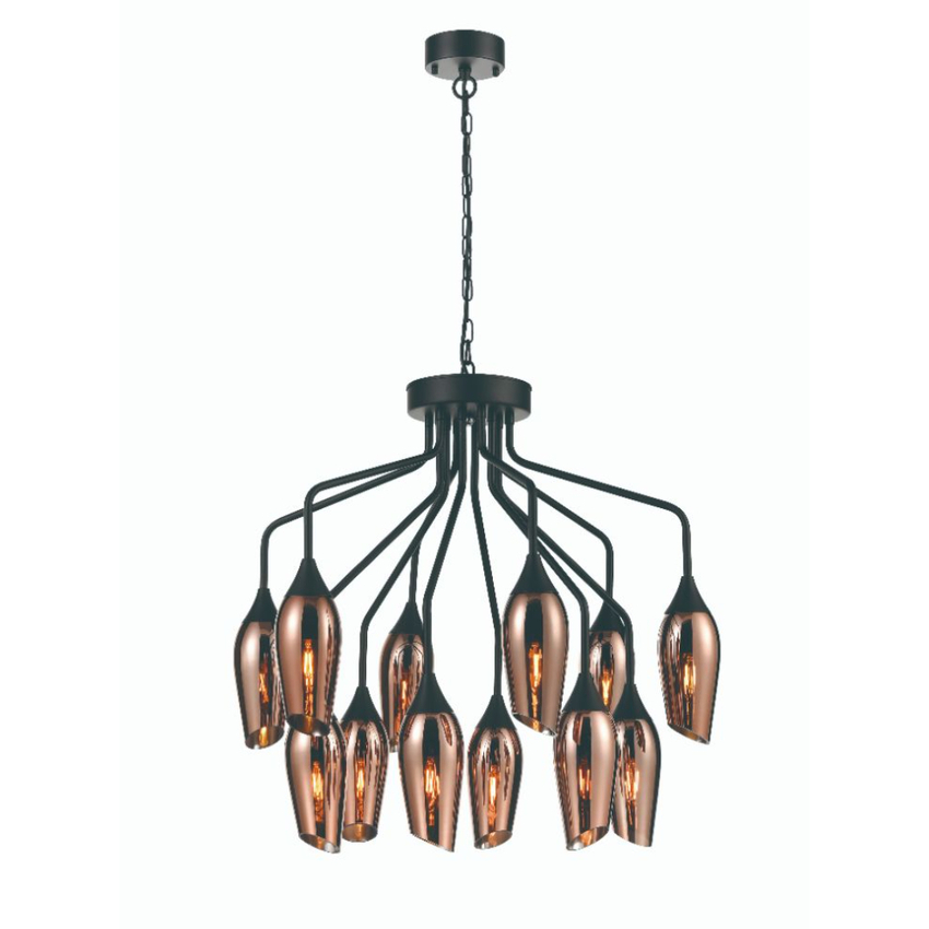 Photograph: Franklite Taper Matt Black 12 Light Pendant With Copper Glass