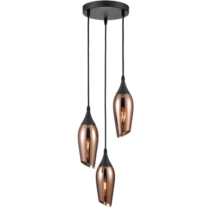 Photograph: Franklite Taper Matt Black 3 Light Custer Pendant With Copper Glass