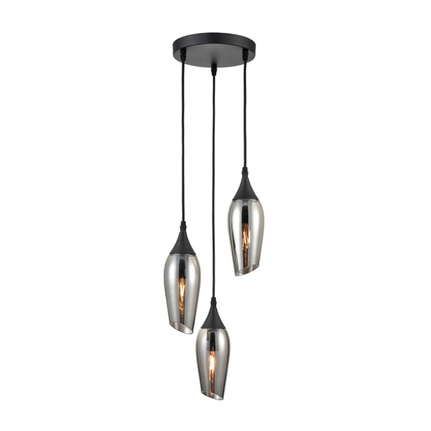Photograph: Franklite Taper Matt Black 3 Light Custer Pendant With Smoked Glass