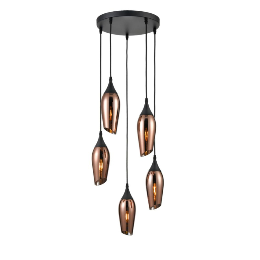 Photograph: Franklite Taper Matt Black 5 Light Custer Pendant With Copper Glass