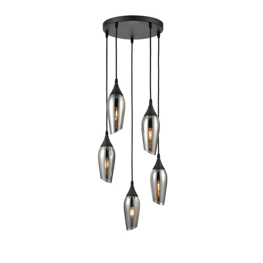 Photograph: Franklite Taper Matt Black 5 Light Custer Pendant With Smoked Glass
