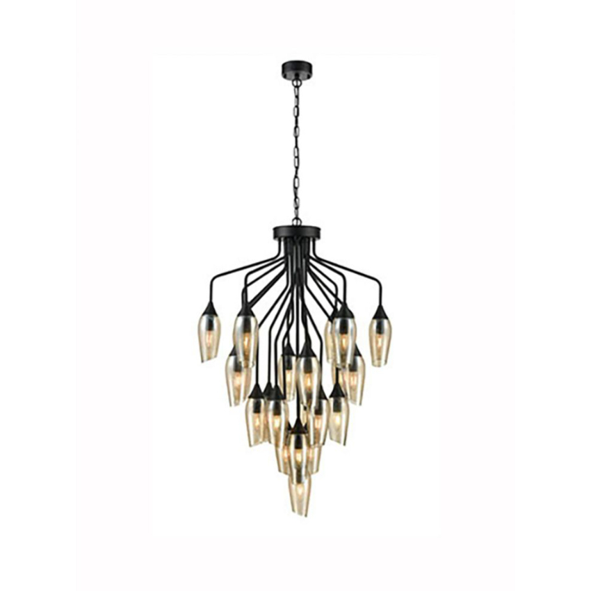 Photograph: Franklite Taper Matt Black Large 22 Light Pendant With Amber Glass
