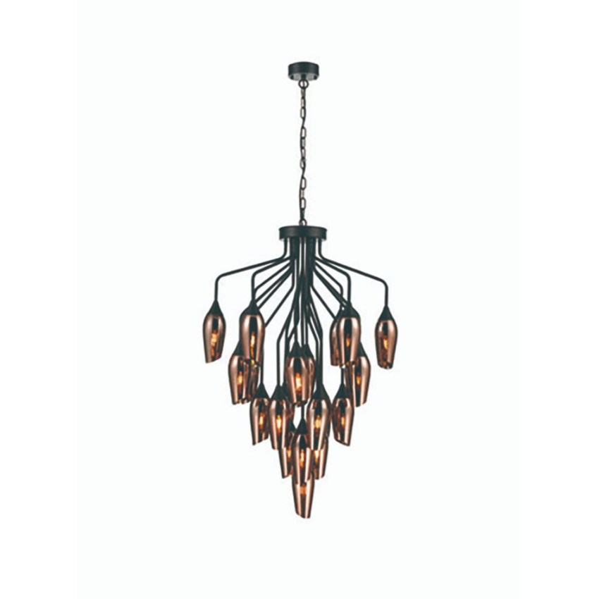 Photograph: Franklite Taper Matt Black Large 22 Light Pendant With Copper Glass