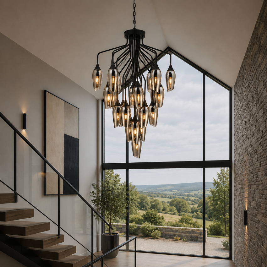Photograph: Franklite Taper Matt Black Large 22 Light Pendant With Smoked Glass