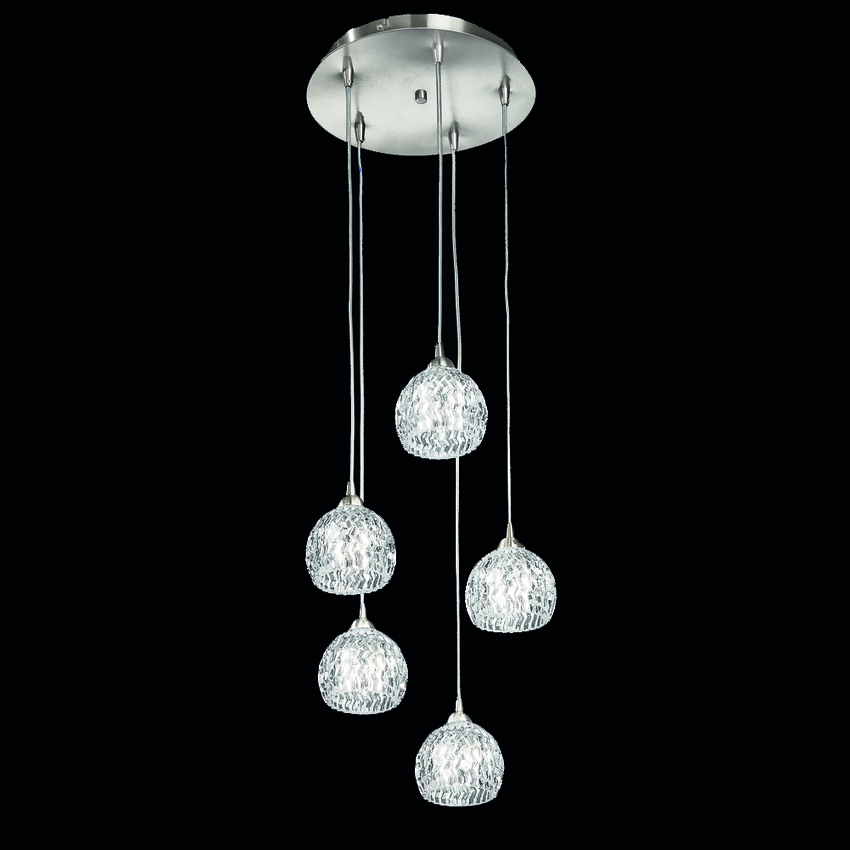 Photograph: Franklite Tierney 5 Light Pendant in Satin Nickel Complete With Clear Glasses