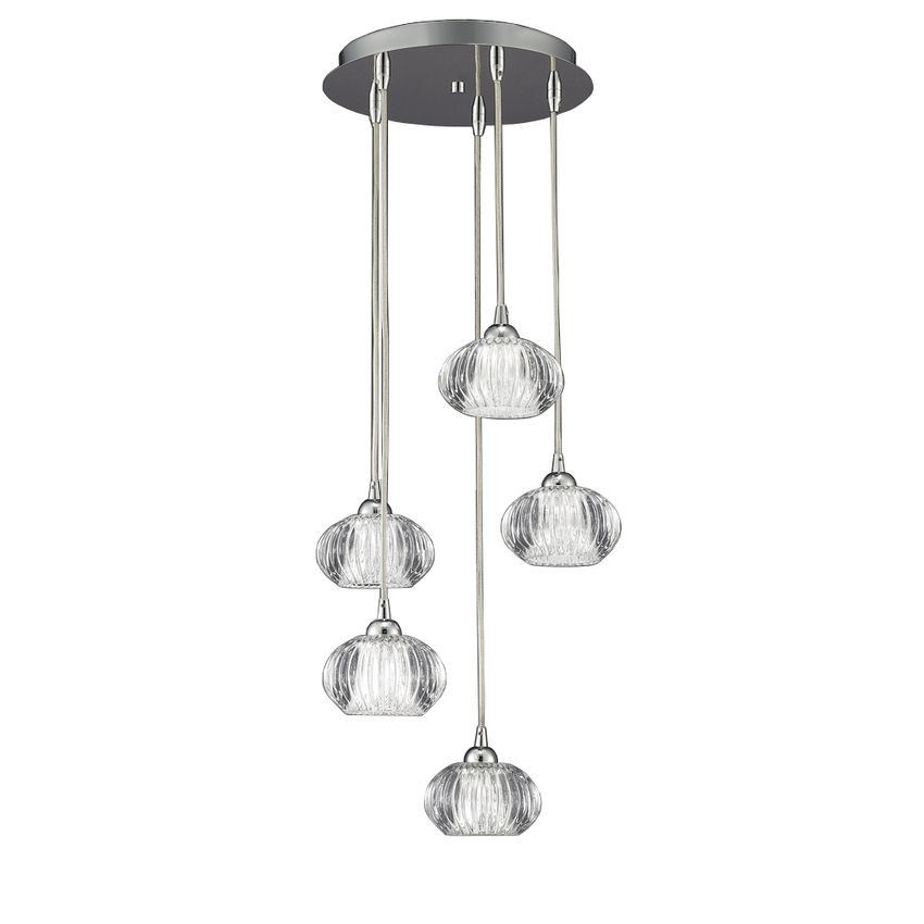 Photograph: Franklite Tizzy Polished Chrome 5 Light Pendant Light Complete With Clear Glasses