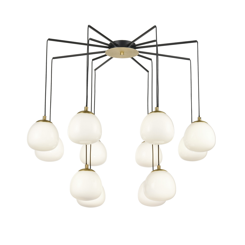 Photograph: Franklite Vermeer Large Matt Black/Gold 12 Light Cluster Pendant Complete With Opal Globes