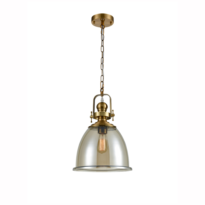 Photograph: Franklite Vista Antique Gold Finish Single Pendant Complete With Amber Glass