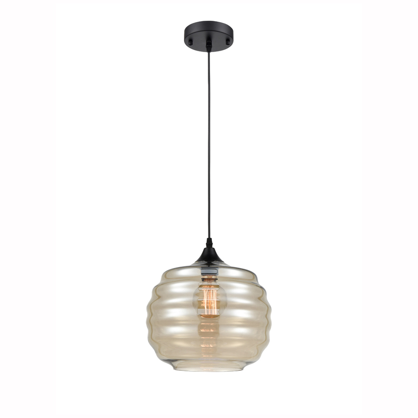 Photograph: Franklite Vista PCH203 Black Single Pendant Complete With Amber Glass