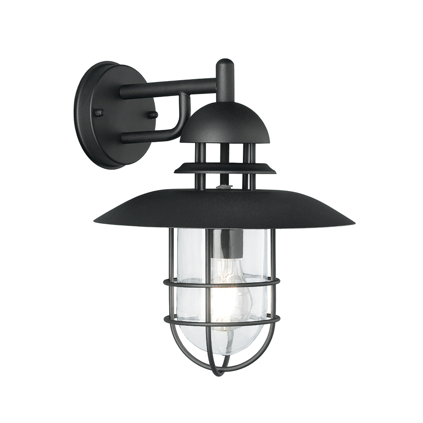 Photograph: Franklite Wharf Stainless Steel Matt Black Exterior Wall Light Complete With Cage And Clear Glass - IP44