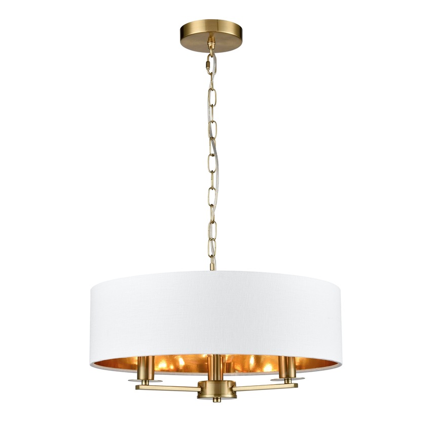 Photograph: Franklite Windsor 3 Light Multi-Arm Pendant In Aged Brass With Cream Fabric Shade & Gold Lining