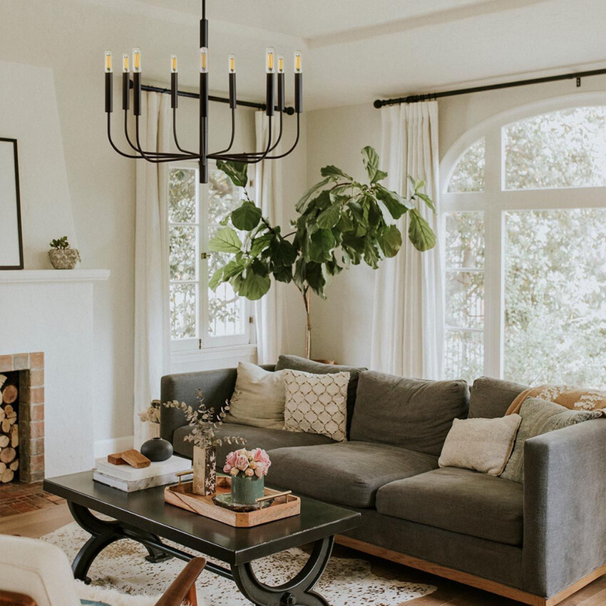 Photograph: Generation Lighting Brianna Black Large 9 Light Chandelier Complete With Linen Shade