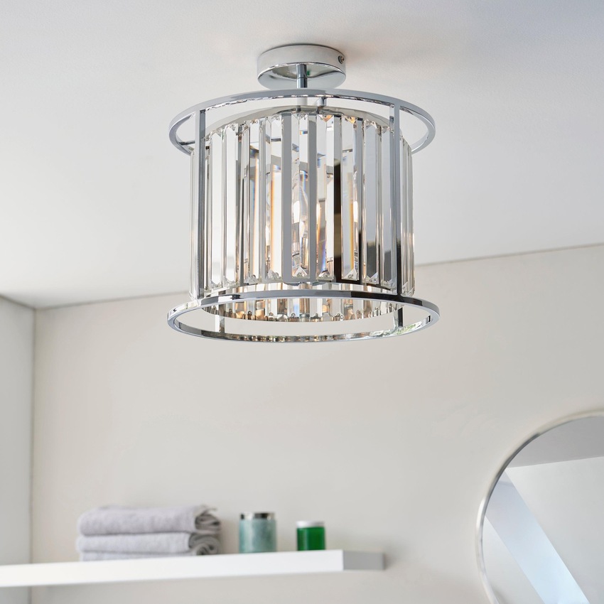 Photograph: HAM/3SF Polished Chrome Semi-Flush 3 Light Ceiling Light Complete With Crystal Decoration - IP44