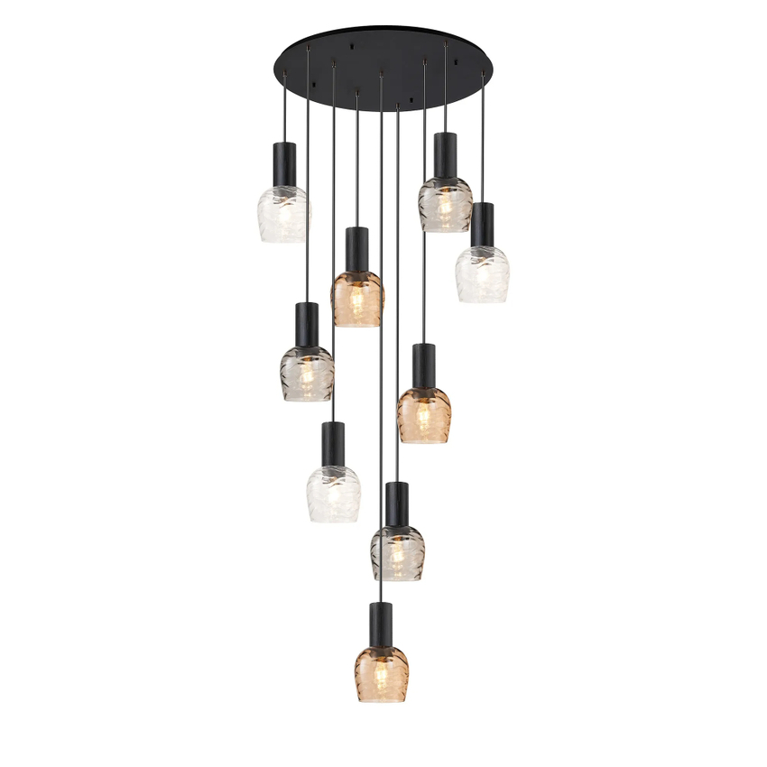 Photograph: Idolite Adele 100.5cm 9 Light Round Cluster Pendant Satin Black With Brown/Clear/Smoke Wavy Wine Glass Shades