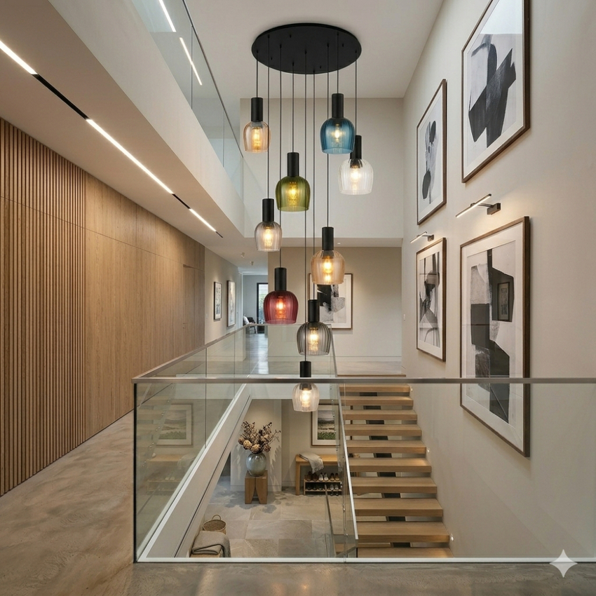 Photograph: Idolite Adele 100cm 9 Light Round Cluster Pendant Satin Black With Amber/Clear/Smoke/Petrol Blue/Moss Green/Purple Ribbed Wine Glass Shades