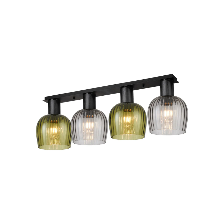 Photograph: Idolite Adele 105cm 4 Light Flush Linear Ceiling Light Satin Black With Moss Green/Smoke Ribbed Wine Glass Shades