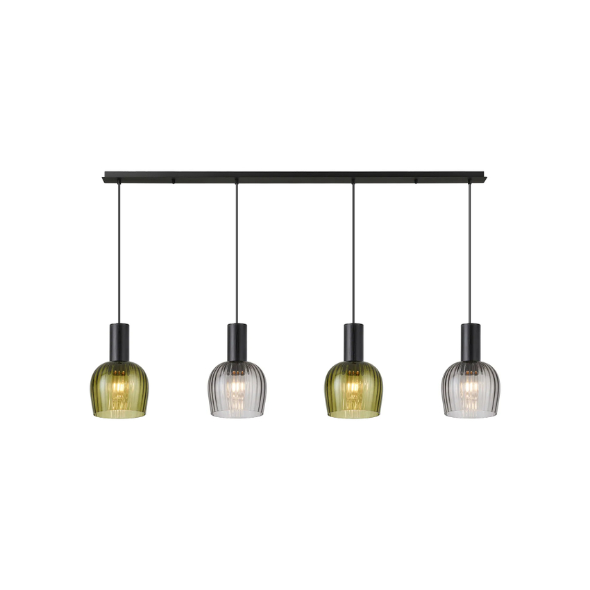 Photograph: Idolite Adele 150cm 4 Light Linear Bar Pendant Satin Black With Moss Green/Smoke Ribbed Wine Glass Shades
