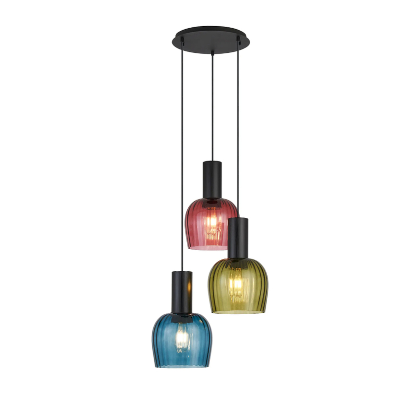Photograph: Idolite Adele 47cm 3 Light Round Cluster Pendant Satin Black With Petrol Blue/Moss Green/Purple Ribbed Wine Glass Shades