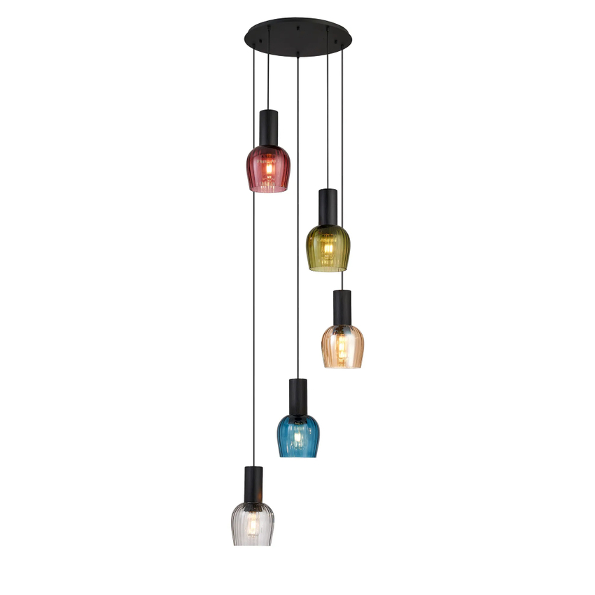 Photograph: Idolite Adele 62cm 5 Light Round Cluster Pendant Satin Black With Amber/Petrol Blue/Moss Green/Purple Ribbed Wine Glass Shades