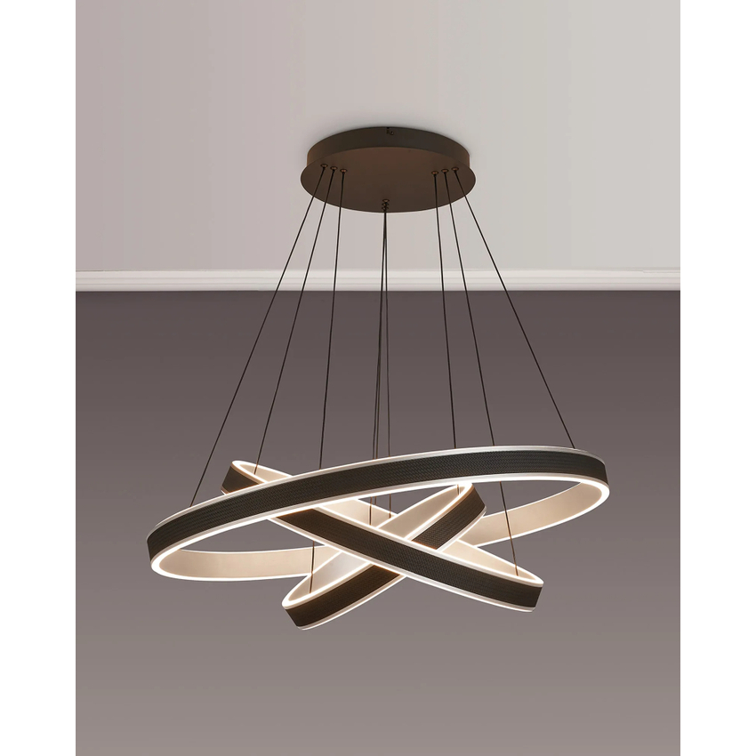 Photograph: Idolite Aster 80cm/60cm/40cm 3 Tier Ring Pendant in Black Faux Leather/Brushed Antique Silver Finish With Remote Control - Tuneable White 3000-6000K