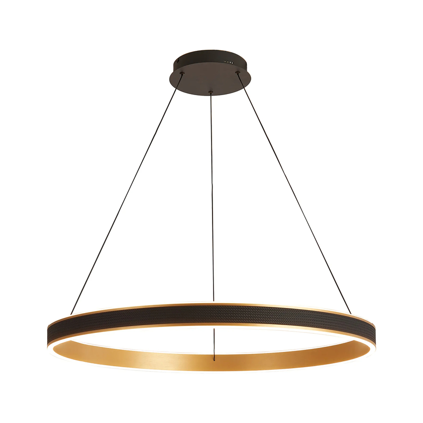 Photograph: Idolite Aster 80cm Black Faux Leather And Brushed Gold Led Ring Pendant Light Complete With Remote Control - Cct Tuneable 3000K-6000K