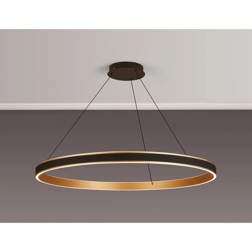 Photograph: Idolite Aster Extra Large 100cm Black Faux Leather/Brushed Gold Round Led Pendant Light With Remote Control - Tuneable White 3000-6000K