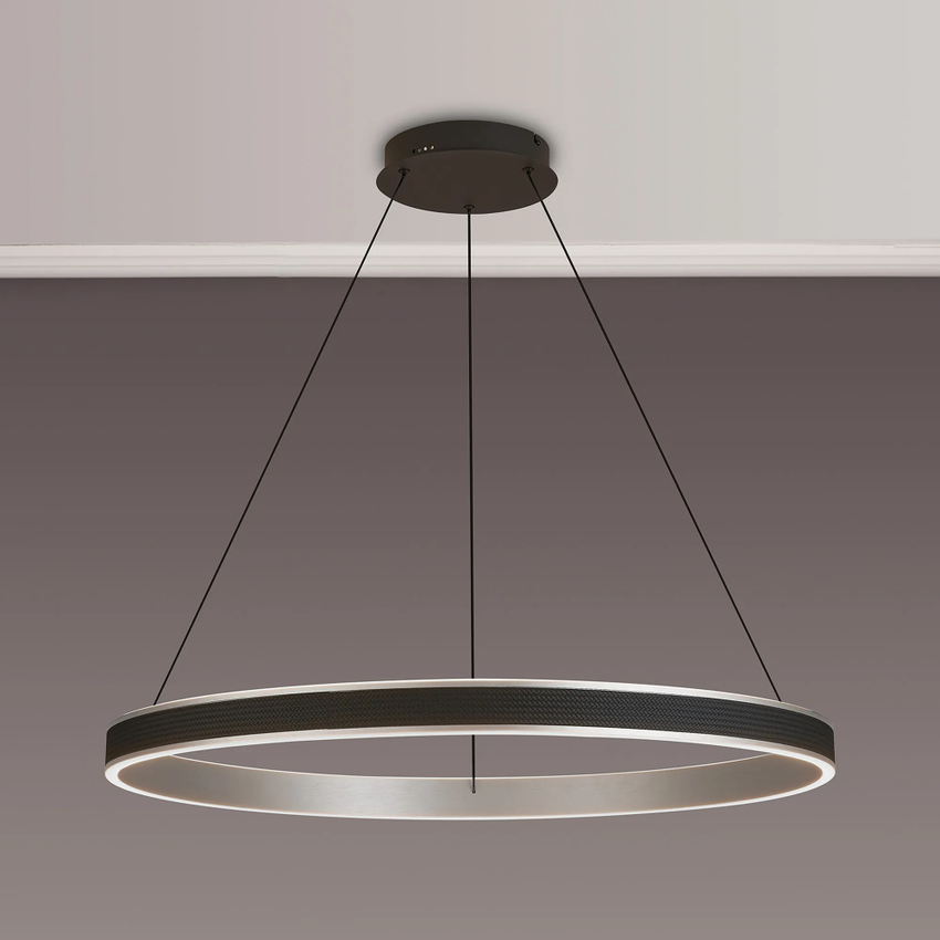 Photograph: Idolite Aster Large 80cm Black Faux Leather/Brushed Antique Silver Round Led Pendant Light With Remote Control - Tuneable White 3000-6000K