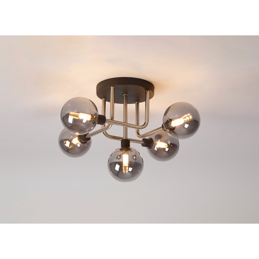 Photograph: Idolite Atlas Graphite/Satin Nickel 5 Light Semi Flush Ceiling Light Complete With Sphere Smoked Glass Shades