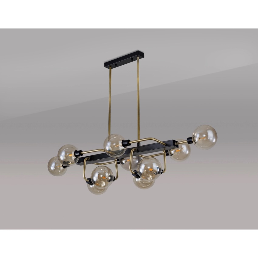 Photograph: Idolite Atlas Matt Black/Antique Brass 10 Light Linear Bar Pendant C/W Cognac Glass Globes