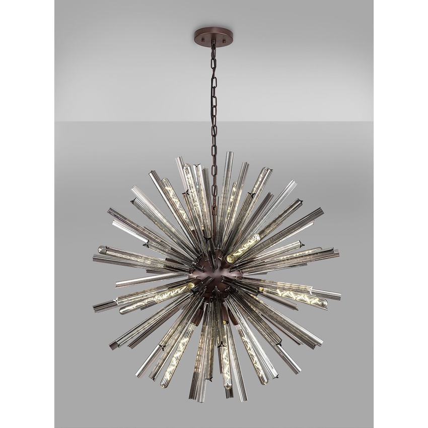 Photograph: Idolite Burns Brown Oxide Medium 16 Light Round Pendant Complete With Smoke Glass Rods