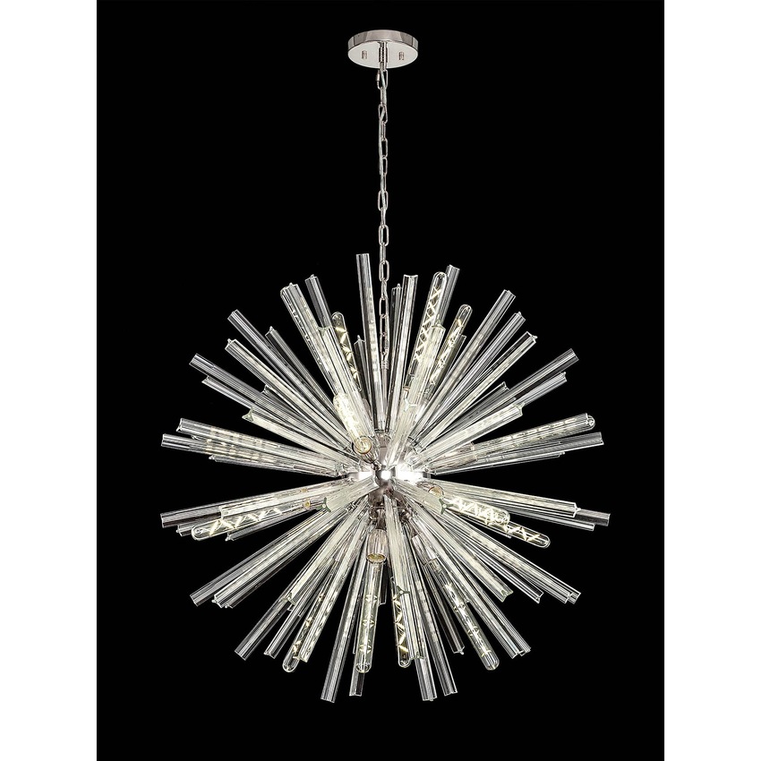 Photograph: Idolite Burns Polished Nickel Medium 16 Light Round Pendant Complete With Clear Glass Rods