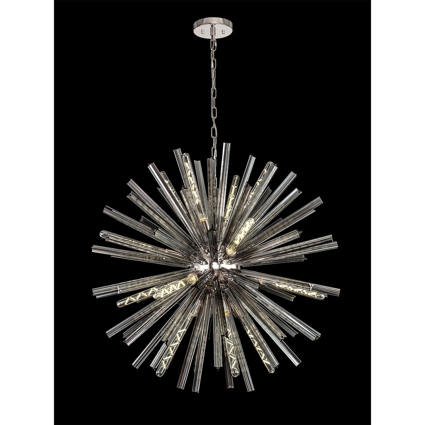 Photograph: Idolite Burns Polished Nickel Medium 16 Light Round Pendant Complete With Smoke Glass Rods