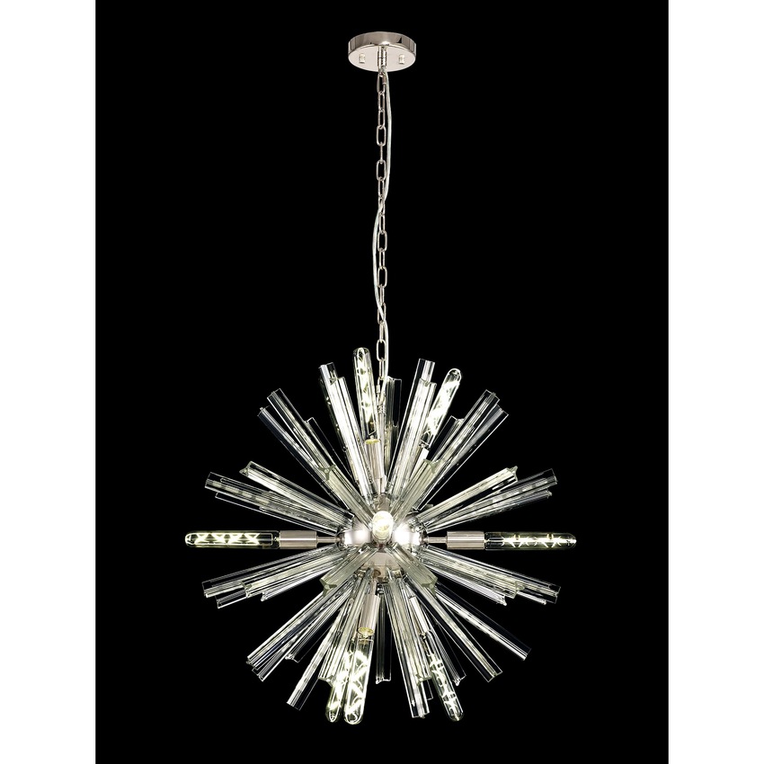 Photograph: Idolite Burns Polished Nickel Round 10 Light Pendant Complete With Clear Glass Rods