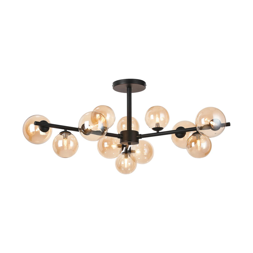 Photograph: Idolite Calix Satin Black 110cm Semi-Flush 3 Arm 12 Light Complete With Amber Plated Glass Globe Shades