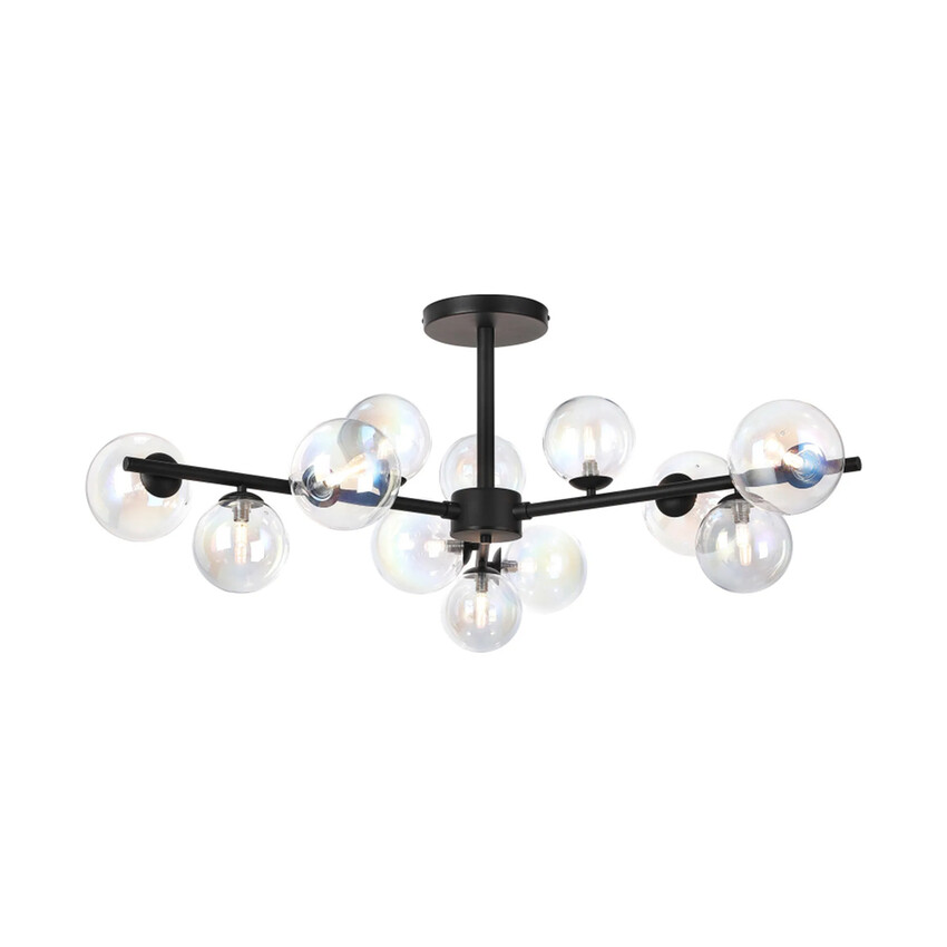 Photograph: Idolite Calix Satin Black 110cm Semi-Flush 3 Arm 12 Light Complete With Iridescent Plated Glass Globe Shades