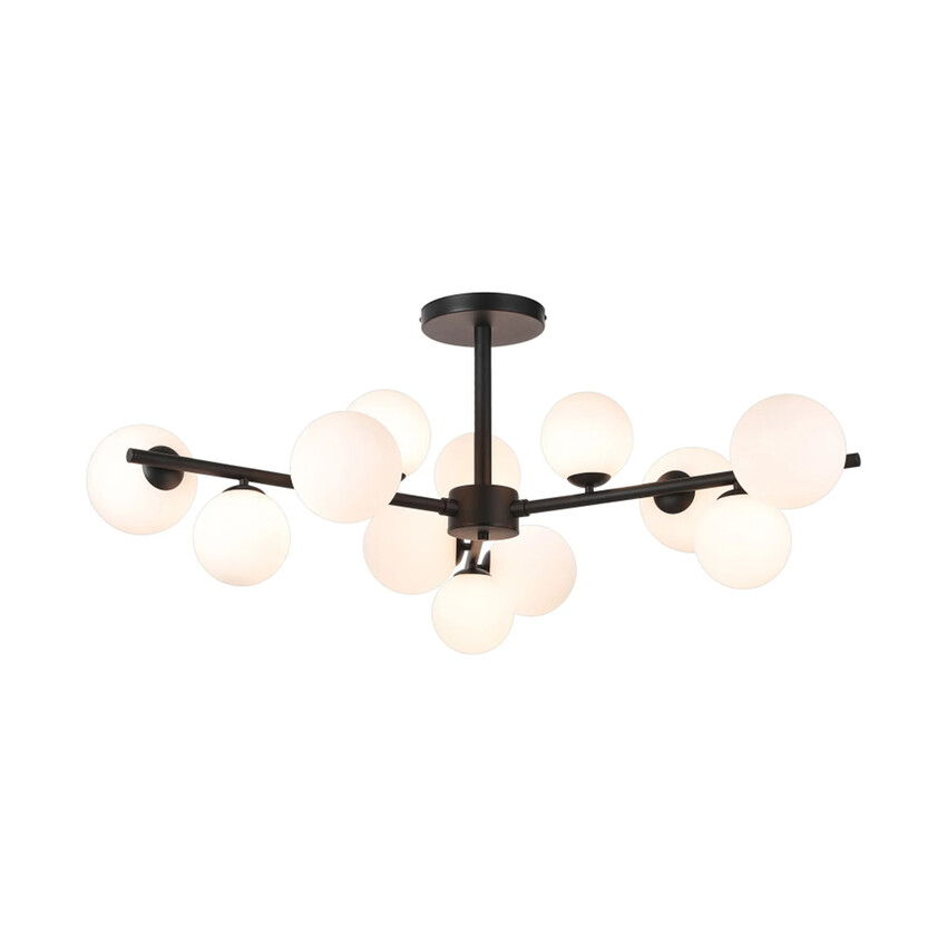 Photograph: Idolite Calix Satin Black 110cm Semi-Flush 3 Arm 12 Light Complete With Opal Glass Globe Shades
