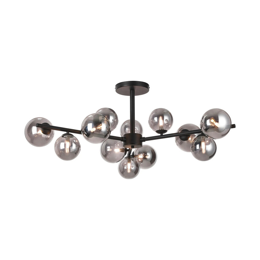 Photograph: Idolite Calix Satin Black 110cm Semi-Flush 3 Arm 12 Light Complete With Smoke Plated Glass Globe Shades