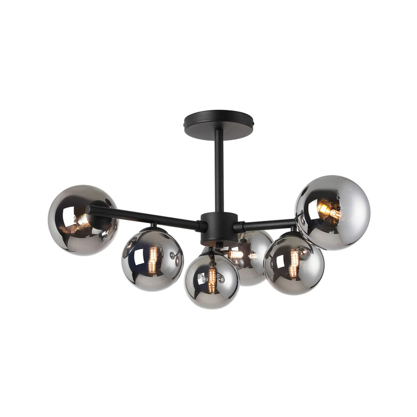 Photograph: Idolite Calix Satin Black 71.5cm Semi-Flush 3 Arm 6 Light Complete With Chrome Plated Glass Globe Shades