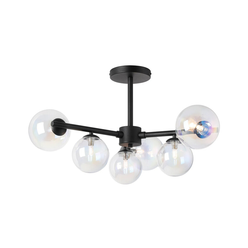 Photograph: Idolite Calix Satin Black 71.5cm Semi-Flush 3 Arm 6 Light Complete With Iridescent Plated Glass Globe Shades