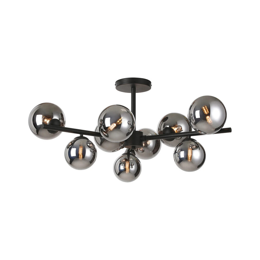 Photograph: Idolite Calix Satin Black 88cm Semi-Flush 3 Arm 9 Light Complete With Chrome Plated Glass Globe Shades