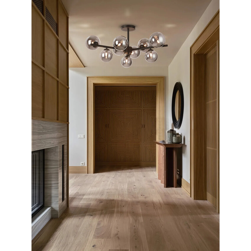 Photograph: Idolite Calix Satin Black 88cm Semi-Flush 3 Arm 9 Light Complete With Smoke Plated Glass Globe Shades