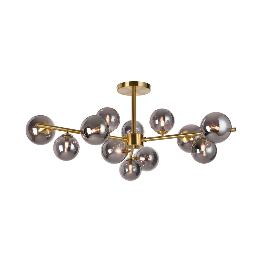 Photograph: Idolite Calix Satin Gold 100cm Semi-Flush 3 Arm 12 Light Complete With Smoke Plated Glass Globe Shades