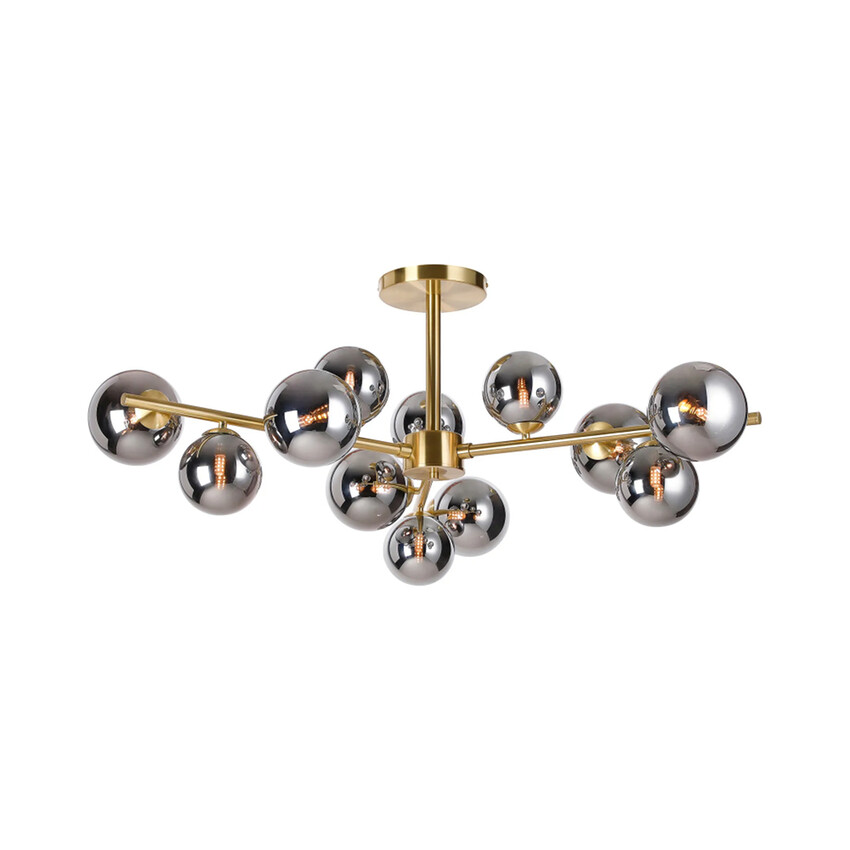 Photograph: Idolite Calix Satin Gold 110cm Semi-Flush 3 Arm 12 Light Complete With Chrome Plated Glass Globe Shades