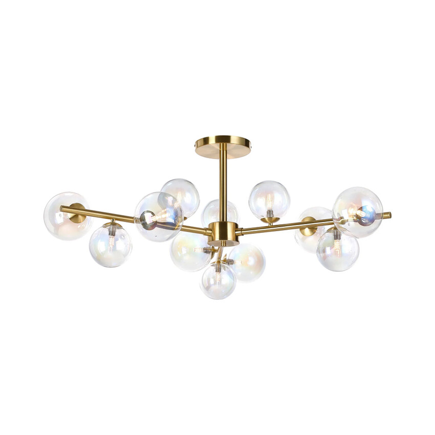 Photograph: Idolite Calix Satin Gold 110cm Semi-Flush 3 Arm 12 Light Complete With Iridescent Plated Glass Globe Shades