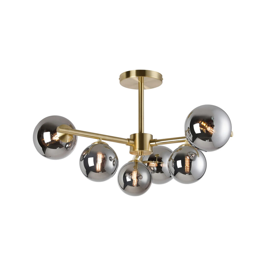 Photograph: Idolite Calix Satin Gold 71.5cm Semi-Flush 3 Arm 6 Light Complete With Chrome Plated Glass Globe Shades
