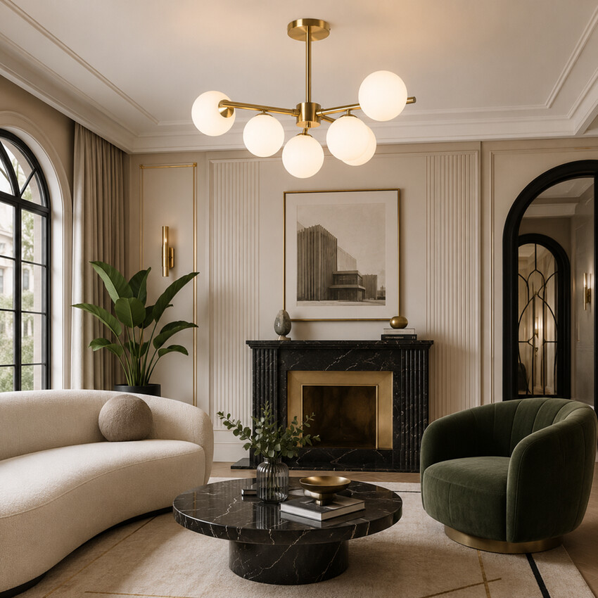 Photograph: Idolite Calix Satin Gold 71.5cm Semi-Flush 3 Arm 6 Light Complete With Opal Glass Globe Shades