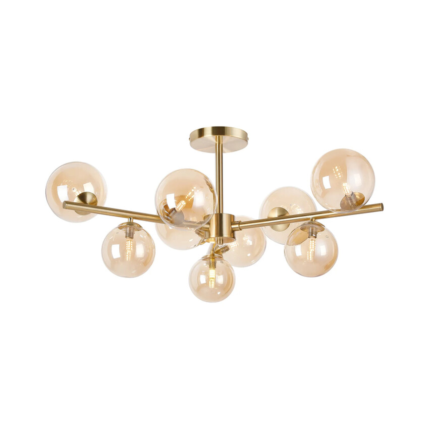 Photograph: Idolite Calix Satin Gold 88cm Semi-Flush 3 Arm 9 Light Complete With Amber Plated Glass Globe Shades